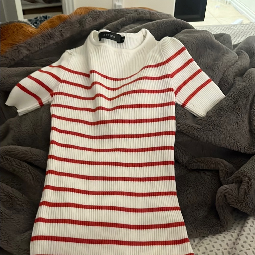ZESICA Red and White Striped Sweater Dress